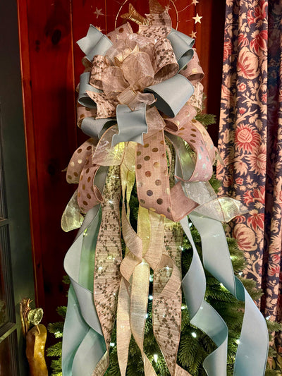 The Ursula Luxury Christmas Tree Topper Bow, Champagne Sage Gold Bow, Elegant Holiday Ribbon Topper, Handmade Christmas Tree Decoration