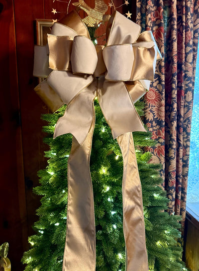 The Irene Ivory & Gold Velvet Christmas Tree Topper Bow, XL Luxury Gold ribbon topper, Handmade Creamy White Christmas tree bow