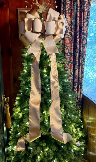 The Irene Ivory & Gold Velvet Christmas Tree Topper Bow, XL Luxury Gold ribbon topper, Handmade Creamy White Christmas tree bow