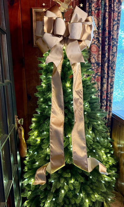 The Irene Ivory & Gold Velvet Christmas Tree Topper Bow, XL Luxury Gold ribbon topper, Handmade Creamy White Christmas tree bow