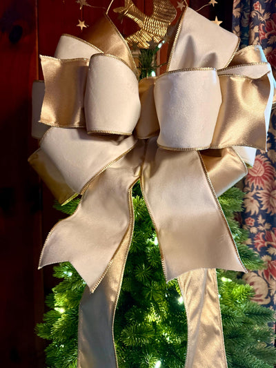 The Irene Ivory & Gold Velvet Christmas Tree Topper Bow, XL Luxury Gold ribbon topper, Handmade Creamy White Christmas tree bow