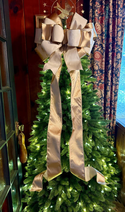 The Irene Ivory & Gold Velvet Christmas Tree Topper Bow, XL Luxury Gold ribbon topper, Handmade Creamy White Christmas tree bow