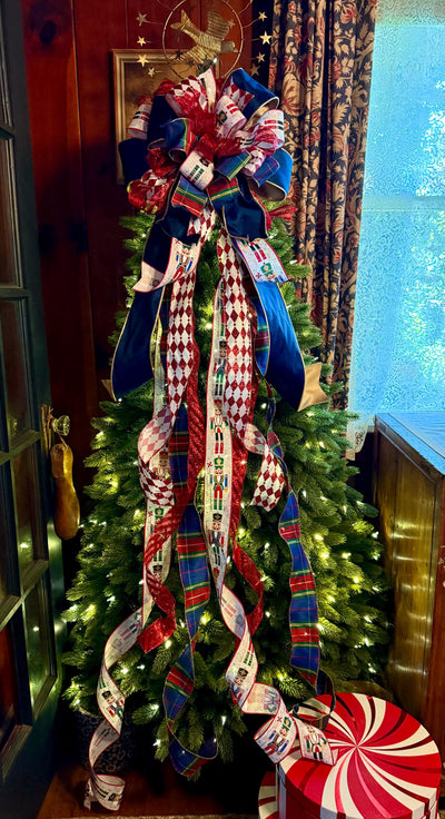 The Francois Navy & Red Christmas Tree Topper Bow, XL Plaid long streamer luxury bow, big tree bow, lamppost bow