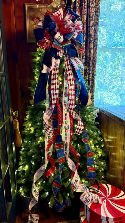 The Francois Navy & Red Christmas Tree Topper Bow, XL Plaid long streamer luxury bow, big tree bow, lamppost bow