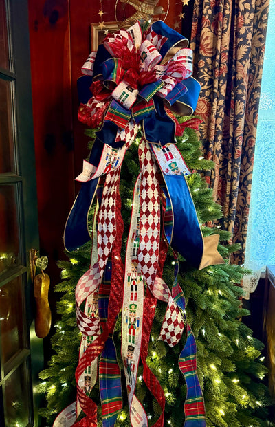 The Francois Navy & Red Christmas Tree Topper Bow, XL Plaid long streamer luxury bow, big tree bow, lamppost bow