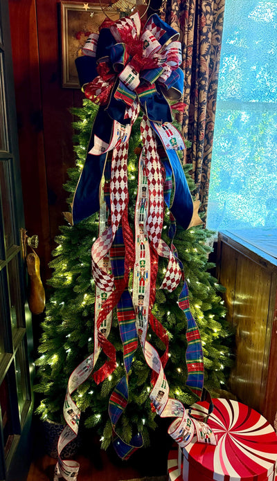 The Francois Navy & Red Christmas Tree Topper Bow, XL Plaid long streamer luxury bow, big tree bow, lamppost bow