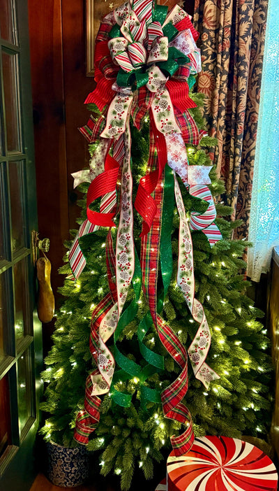 The Delilah Red & Green Christmas Tree Topper Bow, plaid long streamer bow, big red bow for tree, large wreath bow, xl tree topper