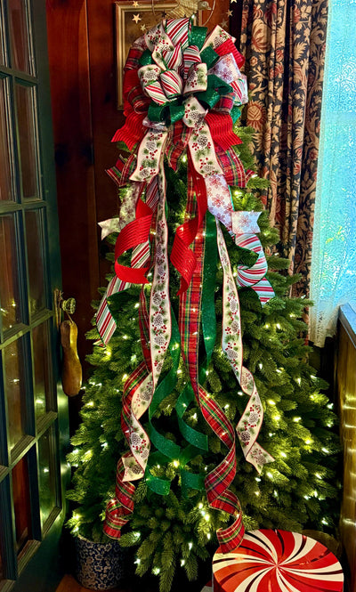 The Delilah Red & Green Christmas Tree Topper Bow, plaid long streamer bow, big red bow for tree, large wreath bow, xl tree topper