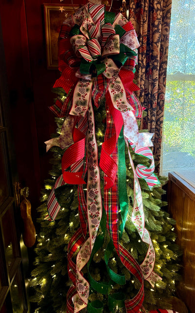 The Delilah Red & Green Christmas Tree Topper Bow, plaid long streamer bow, big red bow for tree, large wreath bow, xl tree topper