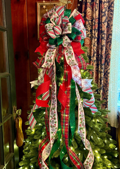 The Delilah Red & Green Christmas Tree Topper Bow, plaid long streamer bow, big red bow for tree, large wreath bow, xl tree topper