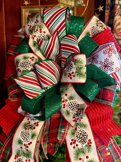 The Delilah Red & Green Christmas Tree Topper Bow, plaid long streamer bow, big red bow for tree, large wreath bow, xl tree topper