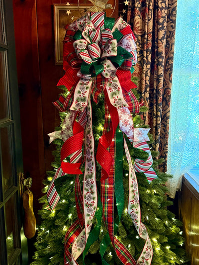 The Delilah Red & Green Christmas Tree Topper Bow, plaid long streamer bow, big red bow for tree, large wreath bow, xl tree topper