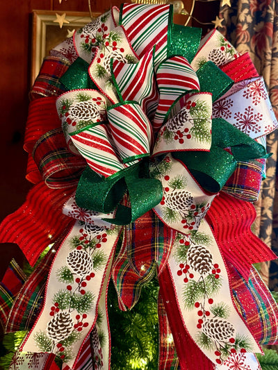The Delilah Red & Green Christmas Tree Topper Bow, plaid long streamer bow, big red bow for tree, large wreath bow, xl tree topper