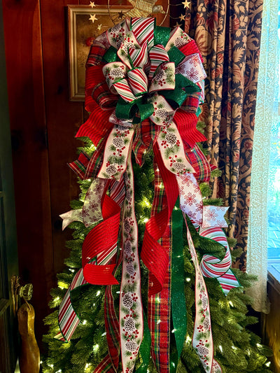 The Delilah Red & Green Christmas Tree Topper Bow, plaid long streamer bow, big red bow for tree, large wreath bow, xl tree topper