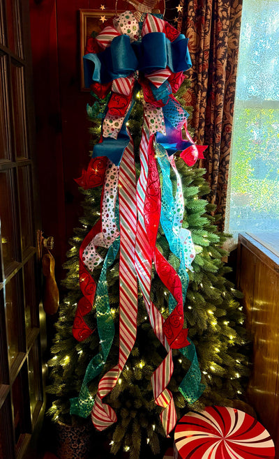 The Lenoir Whimsical Christmas Tree Topper Bow, red turquoise luxury 5ft Streamers