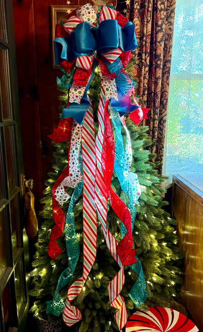 The Lenoir Whimsical Christmas Tree Topper Bow, red turquoise luxury 5ft Streamers