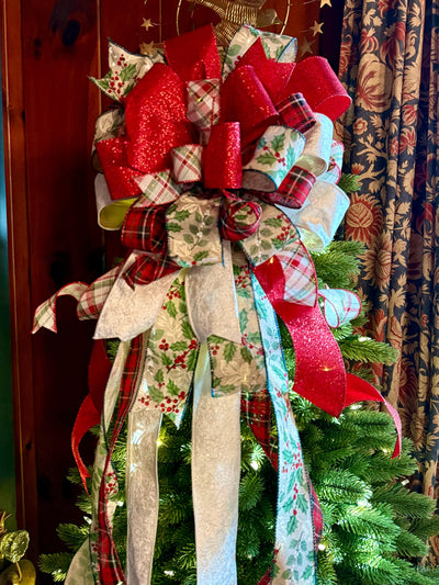 The Sharon White Red & Green Christmas Tree Topper Bow, Bow for wreaths, long streamer cottage style bow, white plaid farmhouse bow