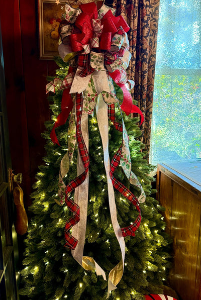 The Sharon White Red & Green Christmas Tree Topper Bow, Bow for wreaths, long streamer cottage style bow, white plaid farmhouse bow