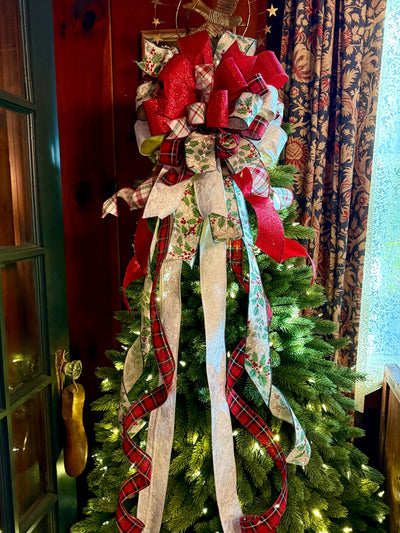 The Sharon White Red & Green Christmas Tree Topper Bow, Bow for wreaths, long streamer cottage style bow, white plaid farmhouse bow