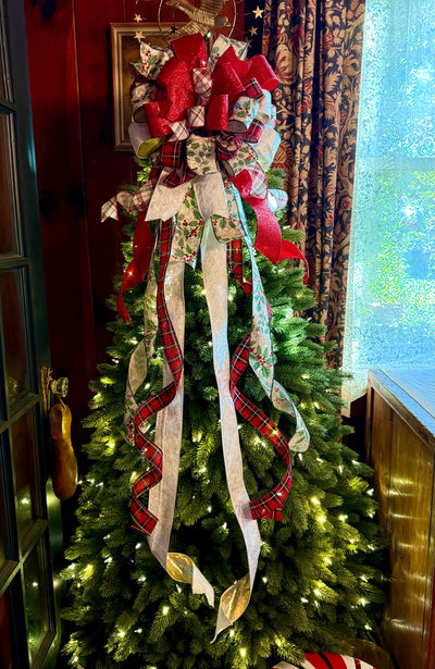 The Sharon White Red & Green Christmas Tree Topper Bow, Bow for wreaths, long streamer cottage style bow, white plaid farmhouse bow