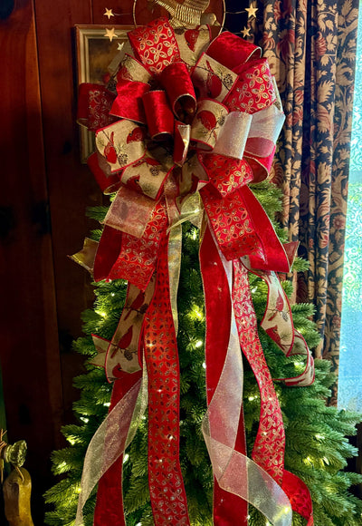 The Beverly Red & Gold Christmas Tree Topper Bow, Cardinal red velvet, long streamer bow, gold christmas tree bow, big red bow for tree