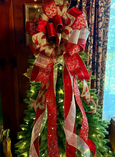 The Beverly Red & Gold Christmas Tree Topper Bow, Cardinal red velvet, long streamer bow, gold christmas tree bow, big red bow for tree