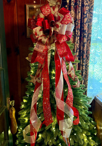 The Beverly Red & Gold Christmas Tree Topper Bow, Cardinal red velvet, long streamer bow, gold christmas tree bow, big red bow for tree