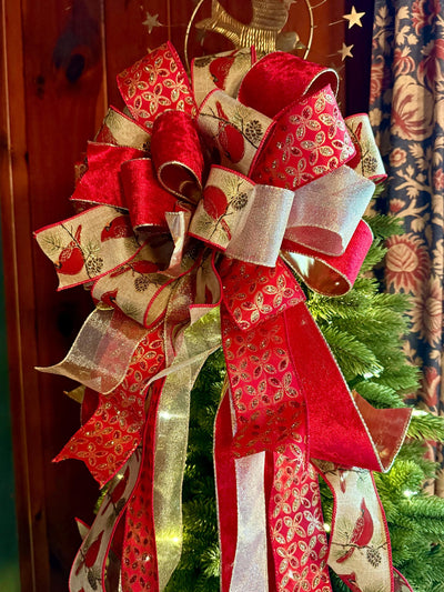 The Beverly Red & Gold Christmas Tree Topper Bow, Cardinal red velvet, long streamer bow, gold christmas tree bow, big red bow for tree