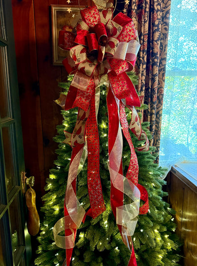 The Beverly Red & Gold Christmas Tree Topper Bow, Cardinal red velvet, long streamer bow, gold christmas tree bow, big red bow for tree