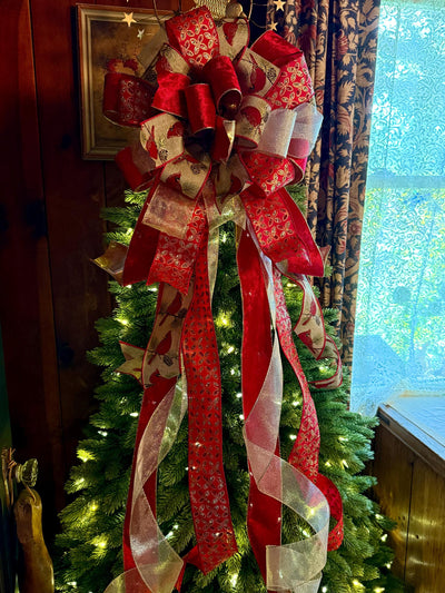 The Beverly Red & Gold Christmas Tree Topper Bow, Cardinal red velvet, long streamer bow, gold christmas tree bow, big red bow for tree