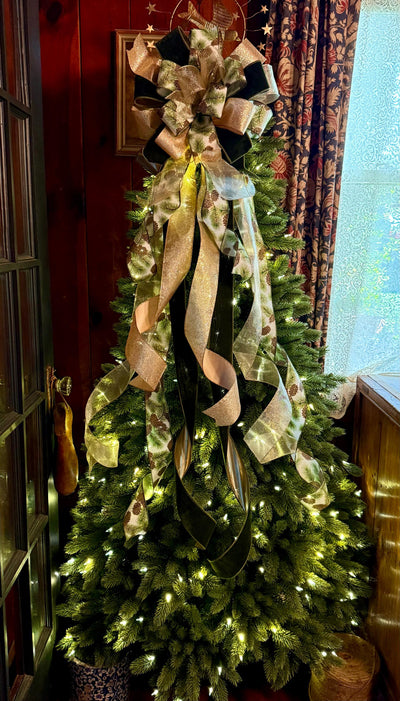 The Yvaine Green & Gold Christmas Tree Topper Bow, XL Velvet Luxury Ribbon Topper