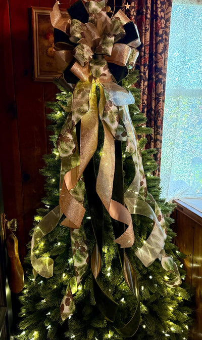 The Yvaine Green & Gold Christmas Tree Topper Bow, XL Velvet Luxury Ribbon Topper