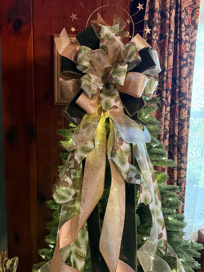 The Yvaine Green & Gold Christmas Tree Topper Bow, XL Velvet Luxury Ribbon Topper