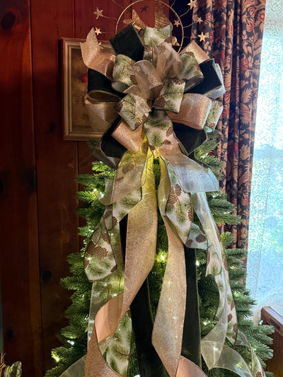 The Yvaine Green & Gold Christmas Tree Topper Bow, XL Velvet Luxury Ribbon Topper