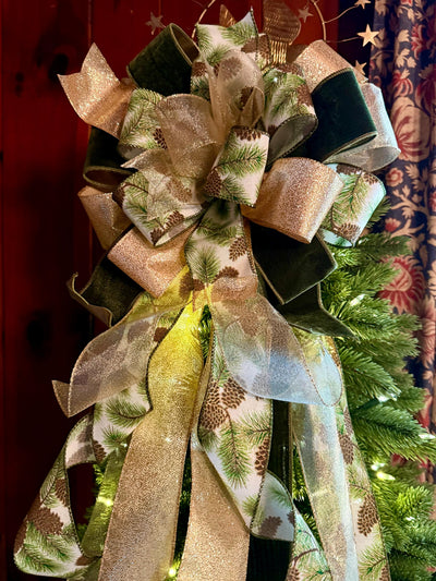 The Yvaine Green & Gold Christmas Tree Topper Bow, XL Velvet Luxury Ribbon Topper