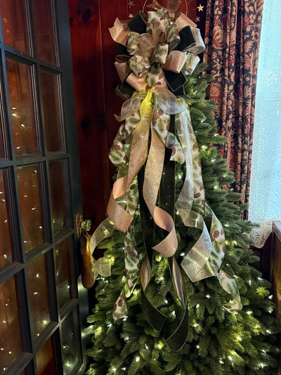 The Yvaine Green & Gold Christmas Tree Topper Bow, XL Velvet Luxury Ribbon Topper