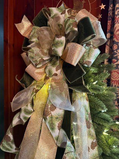The Yvaine Green & Gold Christmas Tree Topper Bow, XL Velvet Luxury Ribbon Topper