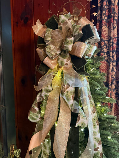 The Yvaine Green & Gold Christmas Tree Topper Bow, XL Velvet Luxury Ribbon Topper