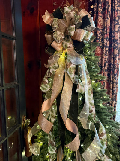 The Yvaine Green & Gold Christmas Tree Topper Bow, XL Velvet Luxury Ribbon Topper