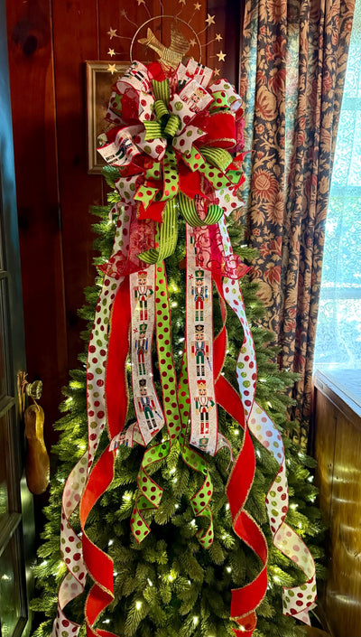 The Freya Red Green & Gold Christmas Tree Topper Bow, XL plaid bow, long streamer ribbon topper, wreath bow, gold christmas tree bow