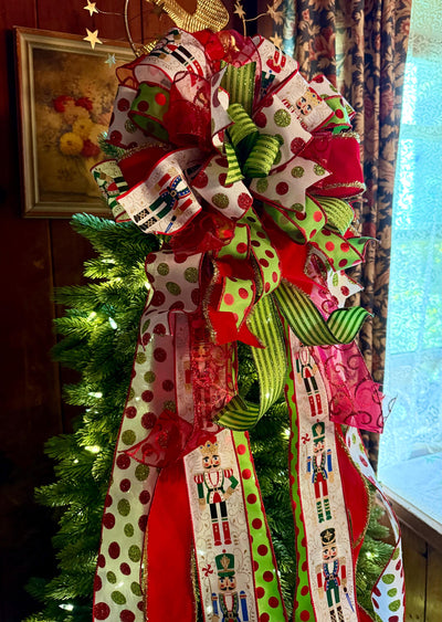 The Freya Red Green & Gold Christmas Tree Topper Bow, XL plaid bow, long streamer ribbon topper, wreath bow, gold christmas tree bow