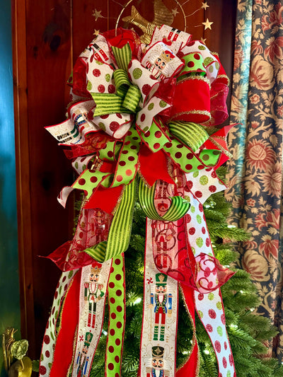 The Freya Red Green & Gold Christmas Tree Topper Bow, XL plaid bow, long streamer ribbon topper, wreath bow, gold christmas tree bow