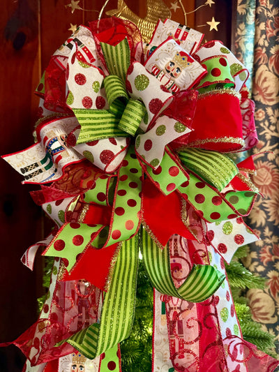 The Freya Red Green & Gold Christmas Tree Topper Bow, XL plaid bow, long streamer ribbon topper, wreath bow, gold christmas tree bow