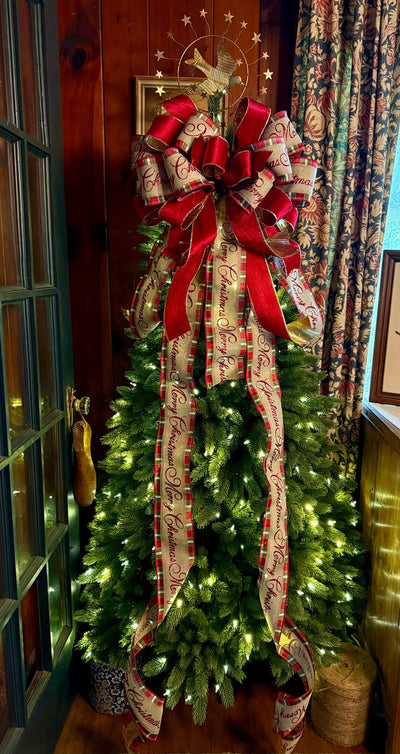 Melissa Red and Gold Plaid Christmas Tree Topper Bow, Deluxe Long Streamer bow, XL big wide red bow, velvet bow for christmas tree