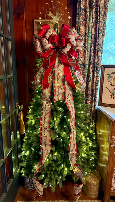 Melissa Red and Gold Plaid Christmas Tree Topper Bow, Deluxe Long Streamer bow, XL big wide red bow, velvet bow for christmas tree