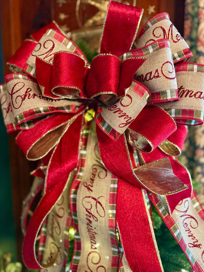 Melissa Red and Gold Plaid Christmas Tree Topper Bow, Deluxe Long Streamer bow, XL big wide red bow, velvet bow for christmas tree
