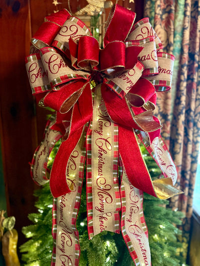 Melissa Red and Gold Plaid Christmas Tree Topper Bow, Deluxe Long Streamer bow, XL big wide red bow, velvet bow for christmas tree