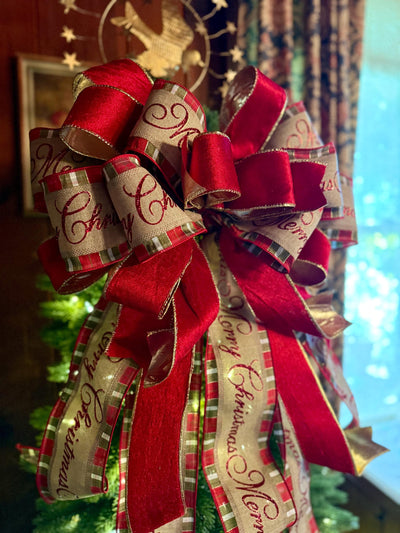 Melissa Red and Gold Plaid Christmas Tree Topper Bow, Deluxe Long Streamer bow, XL big wide red bow, velvet bow for christmas tree