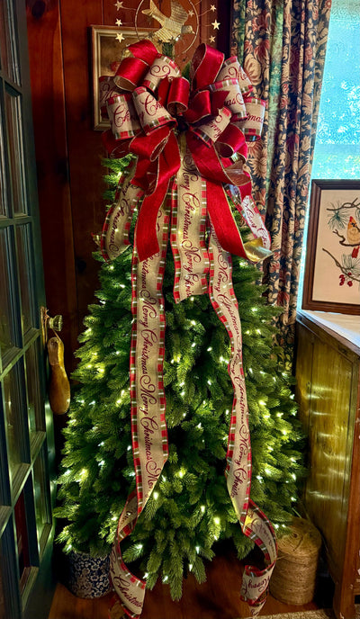 Melissa Red and Gold Plaid Christmas Tree Topper Bow, Deluxe Long Streamer bow, XL big wide red bow, velvet bow for christmas tree
