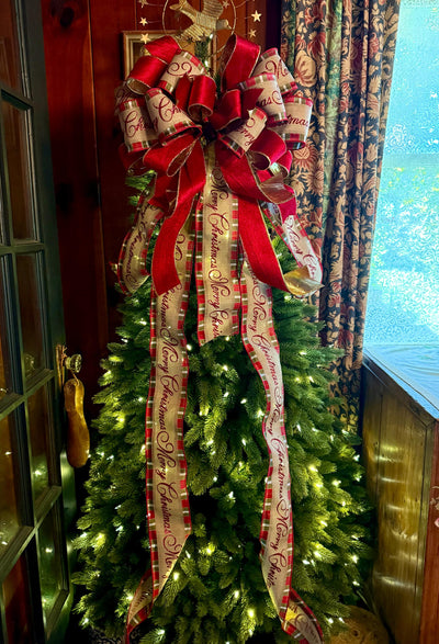 Melissa Red and Gold Plaid Christmas Tree Topper Bow, Deluxe Long Streamer bow, XL big wide red bow, velvet bow for christmas tree